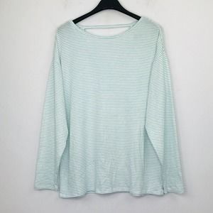 Halston Women's Medium T-Shirt White Blue Striped Cutout Long Sleeve Flaw DA29